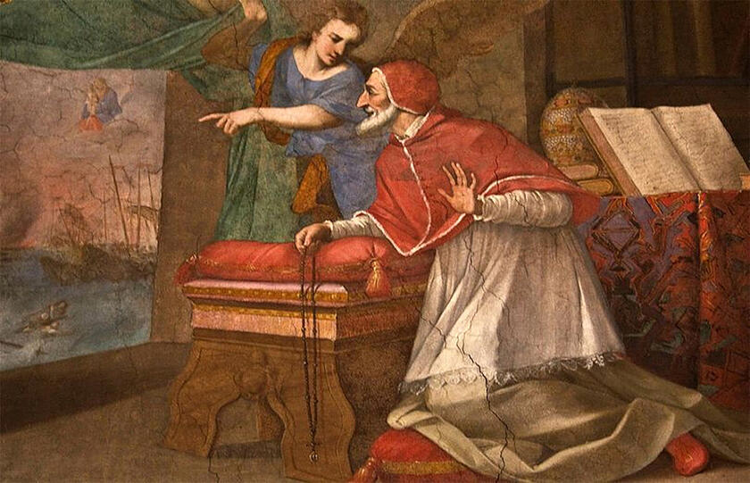 Papst Pius V. betet den Rosenkranz