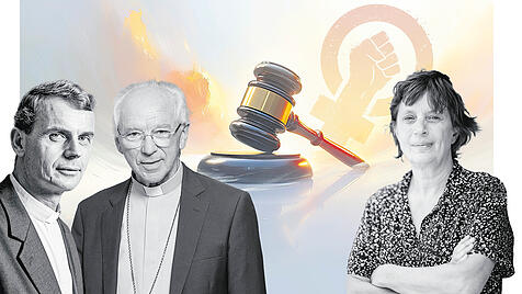Erzbischof Luc Terlinden, sein Vorgänger Jozef De Kesel, und Klägerin Veer Dusauchoit