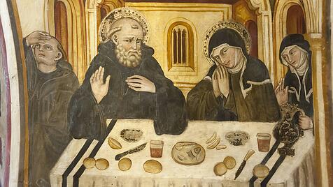 Heiliger Benedikt von Nursia und Heilige Scholastika beim Essen und Trinken