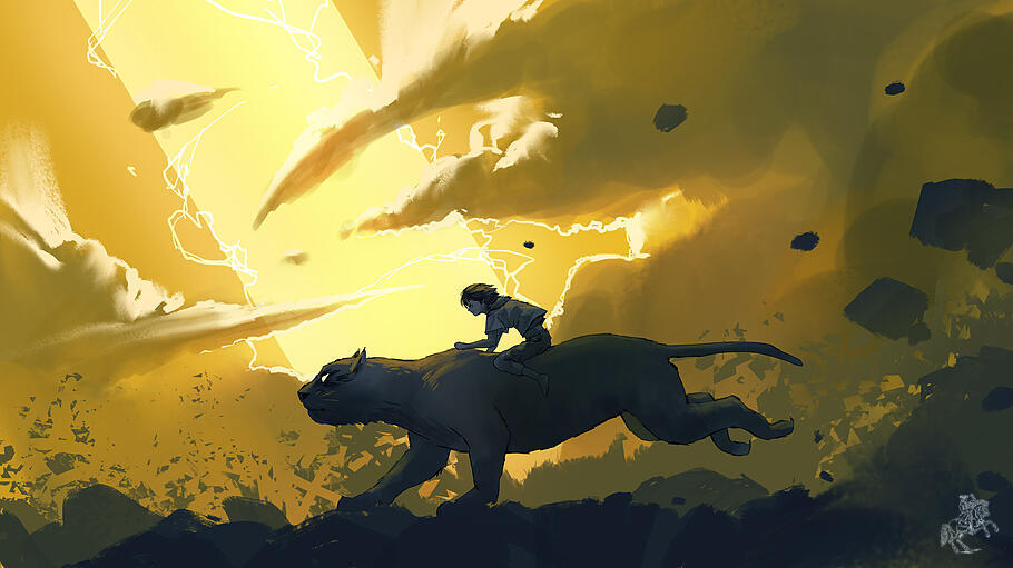 Ein Junge reitet auf einem Tiger