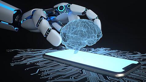 Mobile AI Robot implants a brain into the smartphone. 3d illustration.