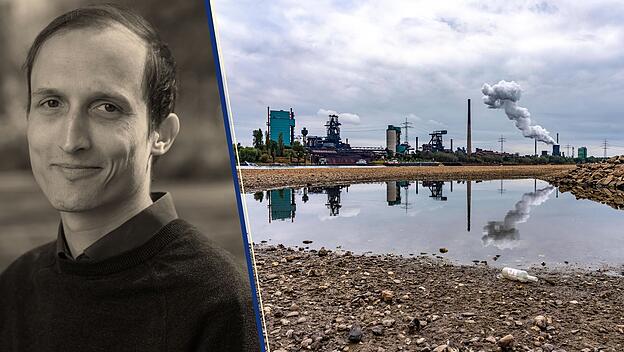 Niedrigwasser am Rhein, im Hintergrund Atomkraftwerk