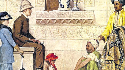 Das Bild "Persischer Teppichhändler auf der Straße" von 1888 zeigt eine Touristenfamilie auf dem Basar