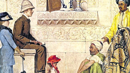 Das Bild "Persischer Teppichhändler auf der Straße" von 1888 zeigt eine Touristenfamilie auf dem Basar