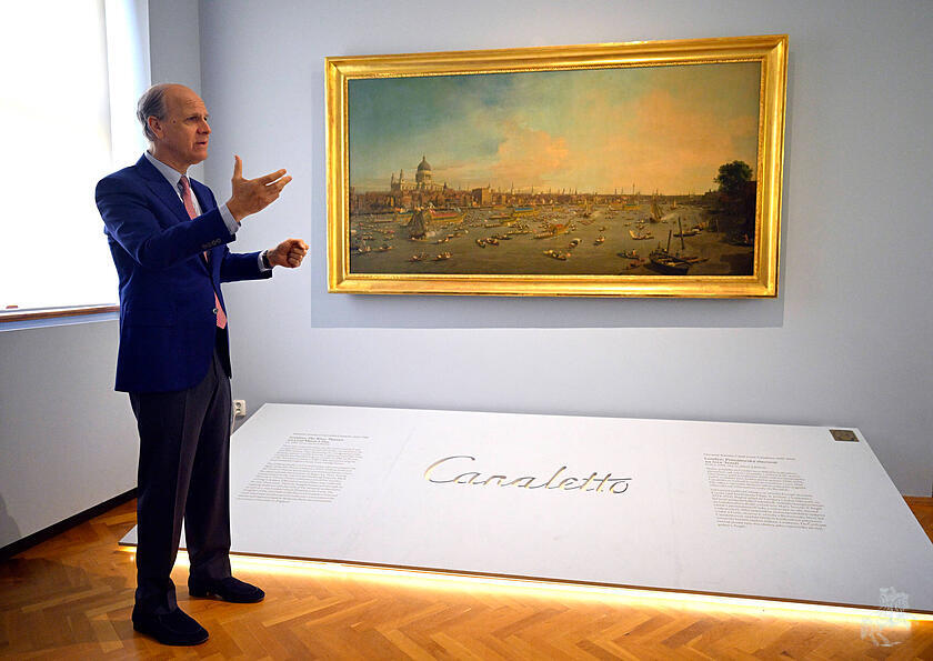 Wilhelm Lobkowicz hat den Familien-Canaletto mit der Londoner Stadtansicht aus Prag nach Wien ausgeliehen: Die Themse am Lord Mayors Tag, der prächtigen Amtseinführung des Bürgermeisters.