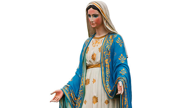 Virgin Mary statue of Catholic Church isolated on white background.