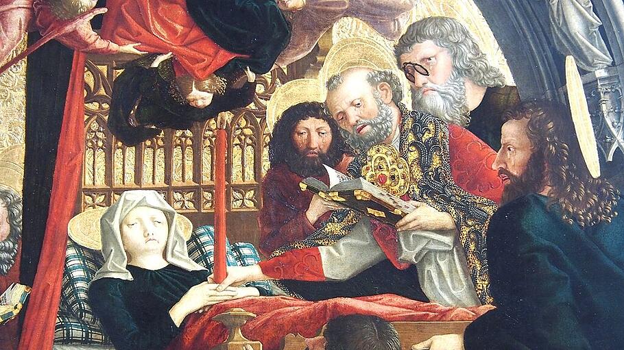 "Dormitio, der Tod Mariens im Kreise der Apostel", Flügelaltar des Tiroler Künstlers Michael Pache