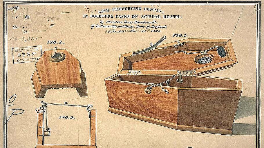 Ein Sarg, der beim Scheintot lebenserhaltene Einrichtungen hat, 1843.