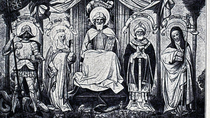 Hildegard zusammen mit der heiligen Elisabeth, dem heiligen Georg und dem heiligen Bonifatius.