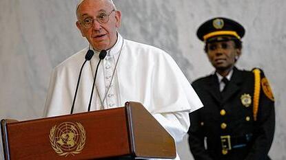 Pope Francis speaks to United Nations staff before addressing world leaders at the U.N. in New York