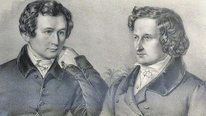 "Wilhelm und Jacob Grimm auf der Gartenbank", Lithographie, Ludwig Emil Grimm, 1829