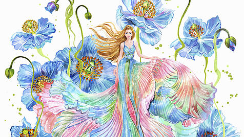 Frau in fließendem mehrfarbigem Kleid zwischen riesigen Blumen