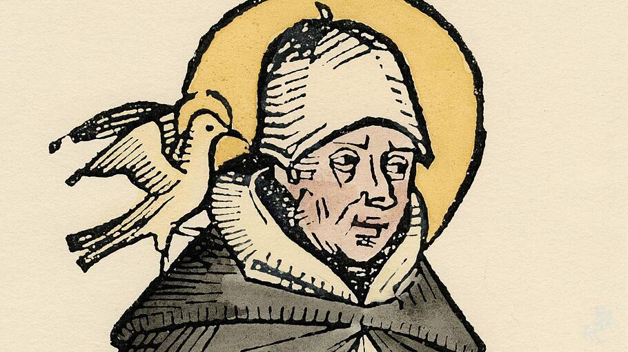 Der heilige Thomas von Aquin. Handkolorierter Holzschnitt von Hartmann Schedels Nürnberger Chronik (Liber chronicarum mundi,1493)