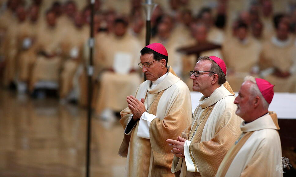 Bischof Robert Barron (Mitte) berichtet von seinen Eindrücken der Weltsynode auf seiner Website.